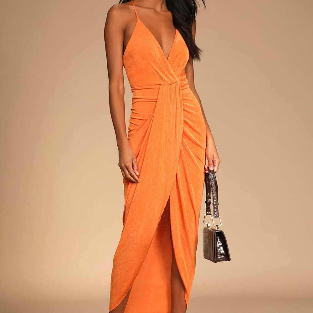 Lulu's Dreamy Date Orange Surplice Midi Dress - NWT